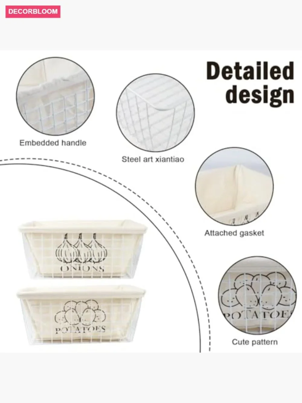 Potato and Onion Storage Baskets, Metal Wire with Cotton Lining, Kitchen Pantry